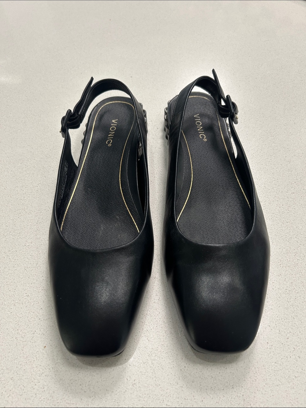 Vionic Delphine Women’s Black Leather Slingback Square-Toe Flats